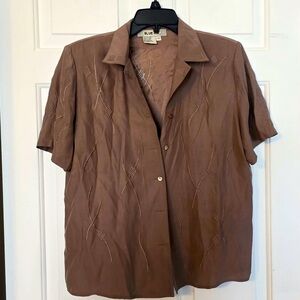 Blue Ice Vintage Taupe 100% Silk Short Sleeve Blouse Button Up Embroidered
